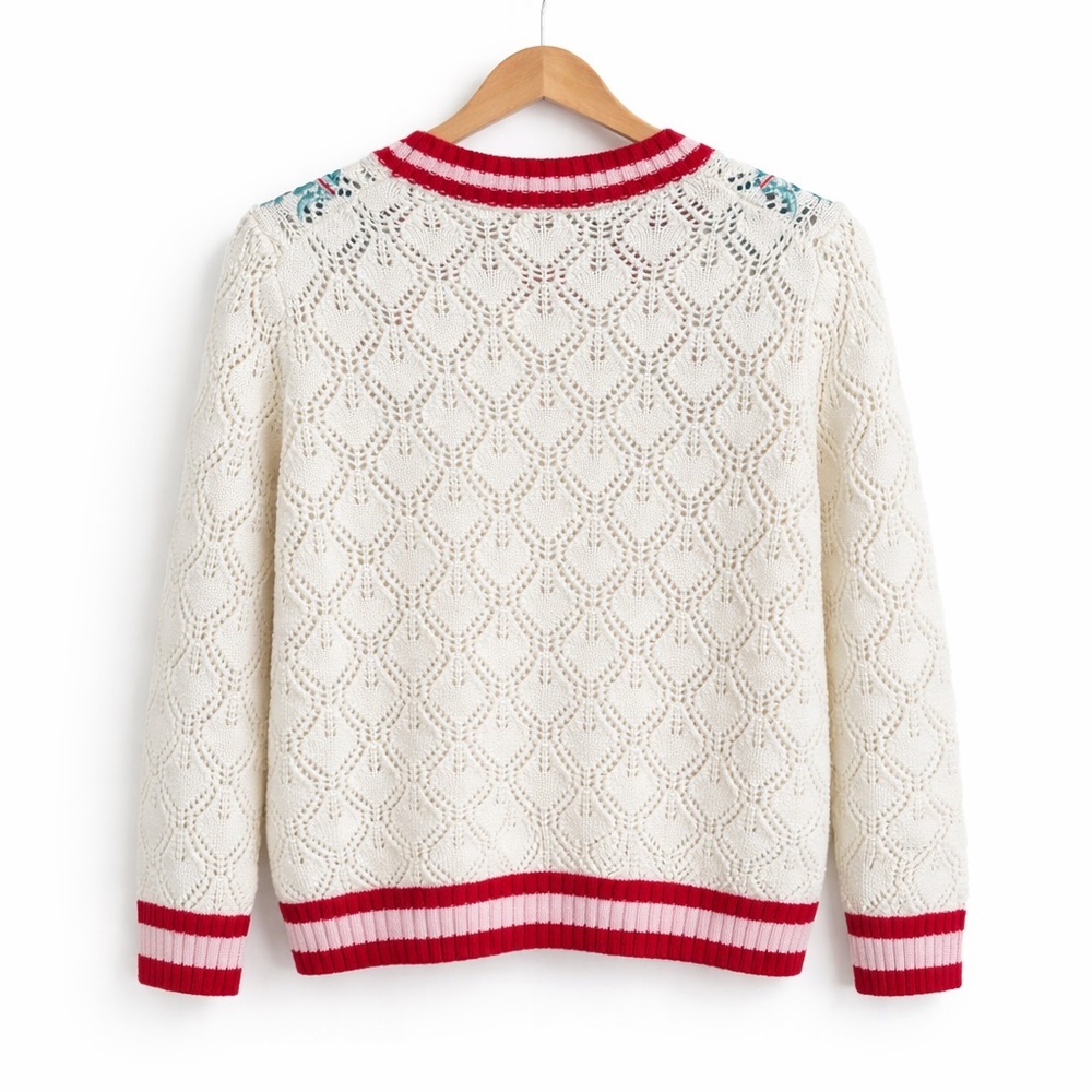 Maje Embroidered Knit Sweater Cream Red Floral Parisian Chic Pointelle Small - Picture 2 of 7